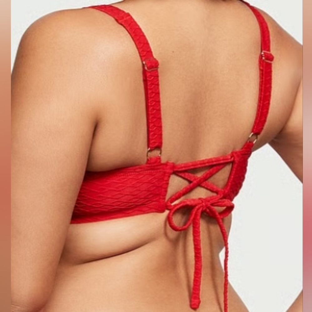 32DD/M VS Swim Full Coverage Bikini Top Side Tie Bikini Set Red - Picture 8 of 9